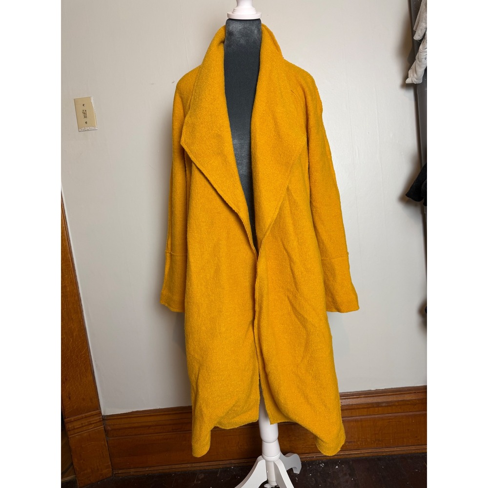 Mustard Wool Blend Open Front Draped Shawl Long Coat jacket quiet luxury S